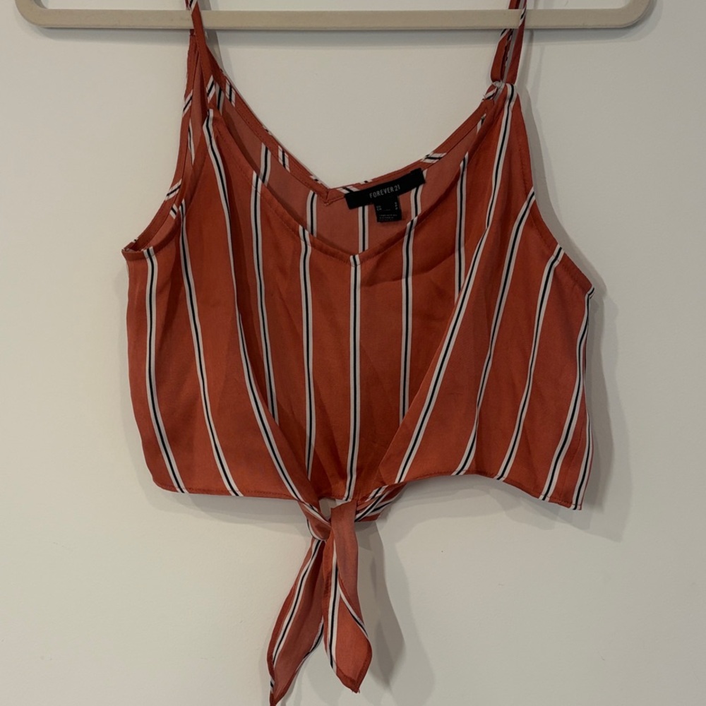 FOREVER 21 Burnt Pink and White Striped Tie-Front Cami